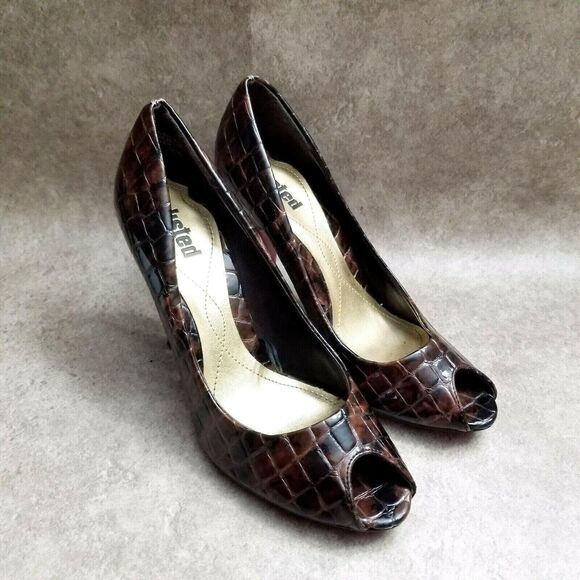 Unlisted Womens Stylish 76154 Size 6 Brown Peep Toe Croc Pattern 3.5" Heels Pump - Picture 1 of 9